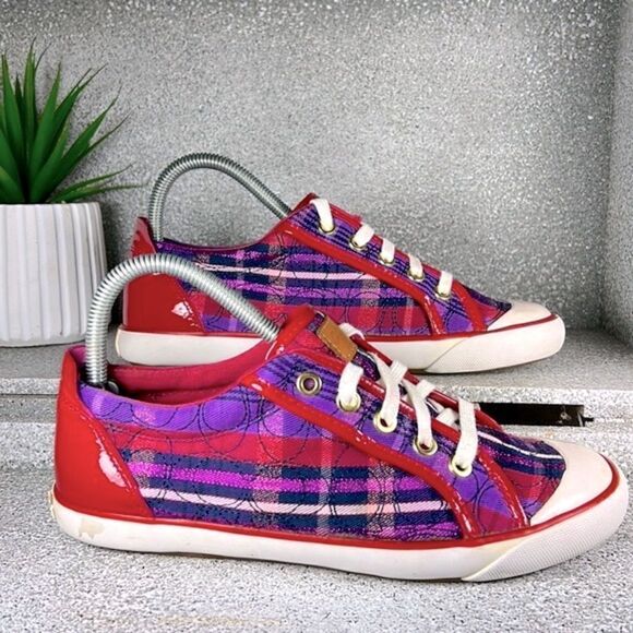 Coach Barrett Signature & Leather Poppy Pink & Purple Plaid Sneaker 8 RARE - Picture 3 of 7